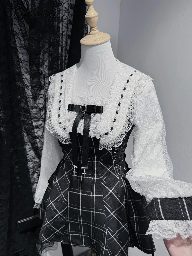 

Original Mine Series Mass-Produced Lolita 2 Piece Dress Set Japanese New Women Girl's Lace Long Sleeve Slim Dress and Shorts