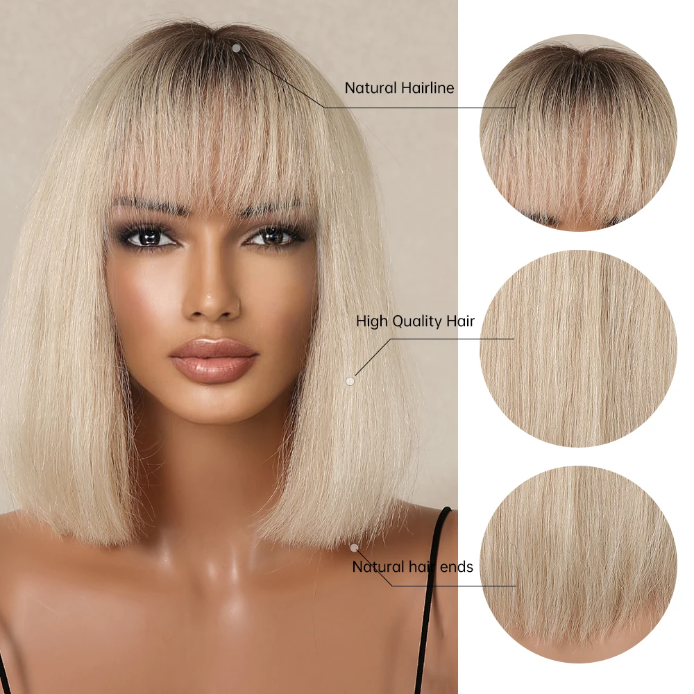 10 inch 100% Remy Human Hair Wigs Platinum Blonde Natural Human Hair Wigs for Women Short Straight with Bangs Blonde Bob Wigs