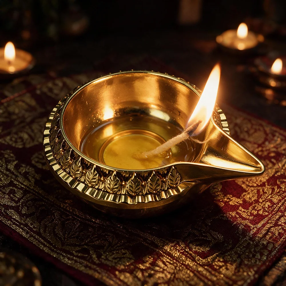 Elegant Indian Diya Lamp for Diwali Pooja Handcrafted Gold Zinc Alloy Deepak with Leaf Motif Temple Oil Light