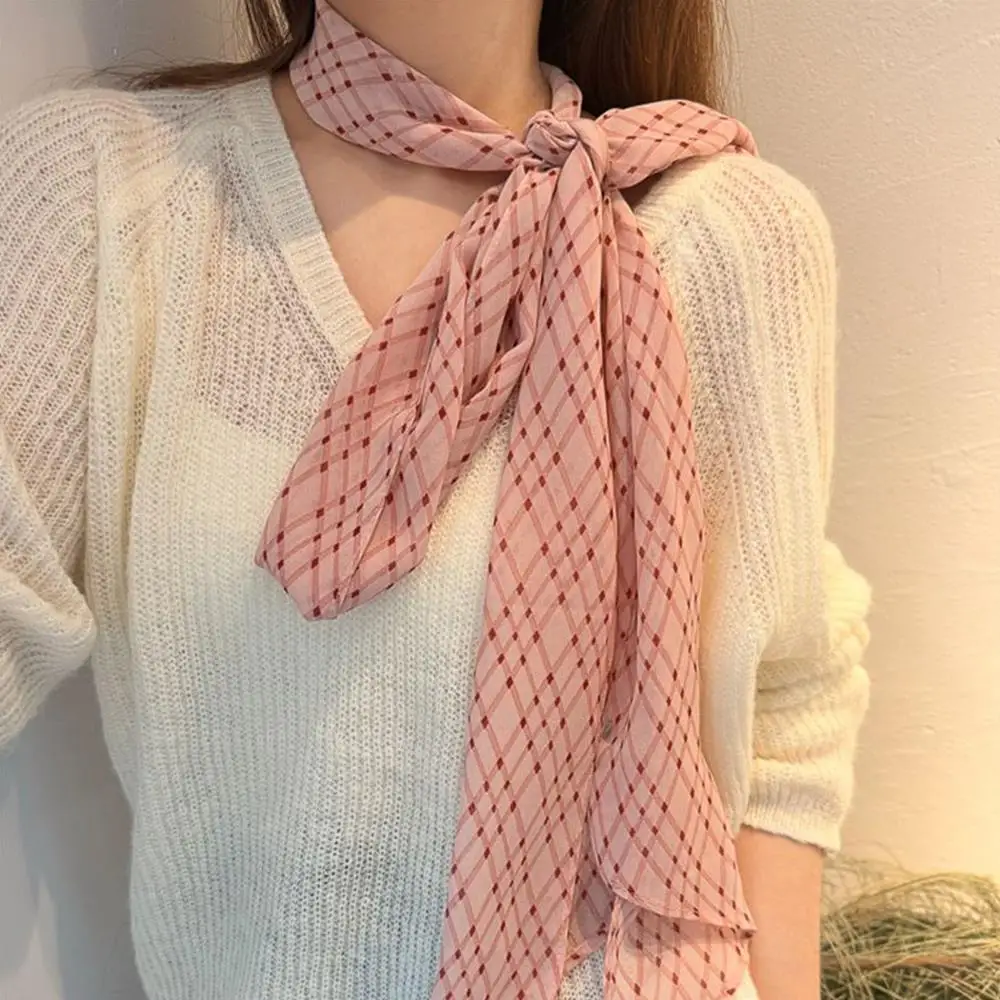 Correa para el cuello, pañuelo fino de seda largo a cuadros, accesorios para fotos de viaje, bufandas de belleza para mujer, banda para el cabello de moda coreana rsi한