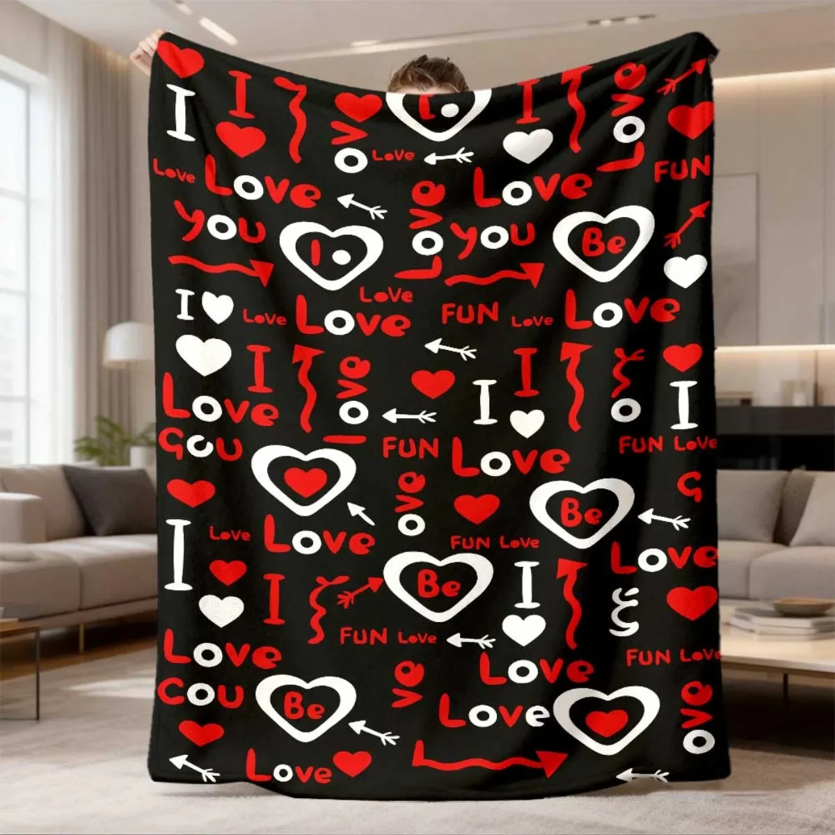 Black Base Red Heart Love Print Throw Blanket for Sofa Bedroom Office Daily Use Birthday Anniversary Warm Mood Theme Souvenir
