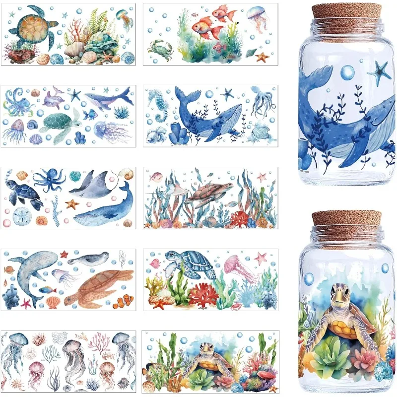 

10 листов переводных наклеек для стеклянных стаканчиков наклейка для переводных наклеек УФ DTF пленка для чашек переводная ПВХ водонепроницаемая морские животные