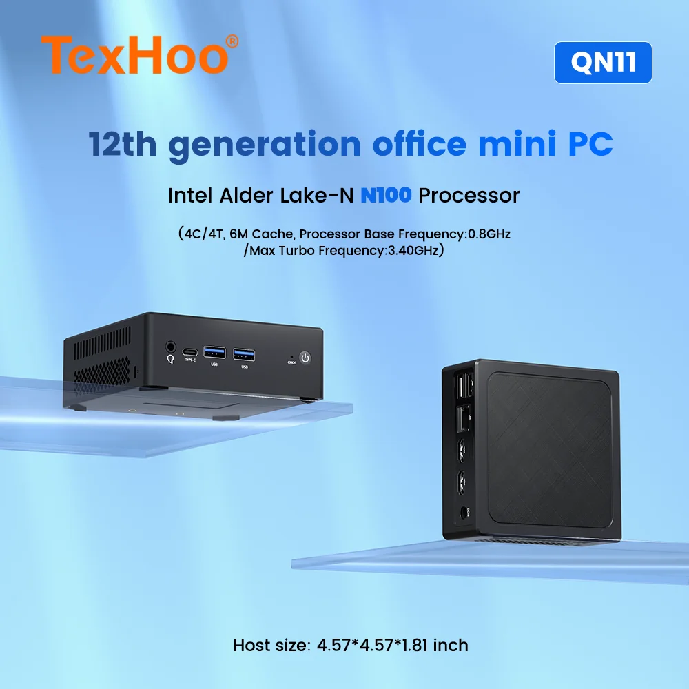 TexHoo MiniPC Intel N100 Dual Band WiFi5 BT4.0 8GB 16GB 256GB 512GB DDR4 HDMI DP Dual LAN Desktop Gaming Computer Mini PC Gamer