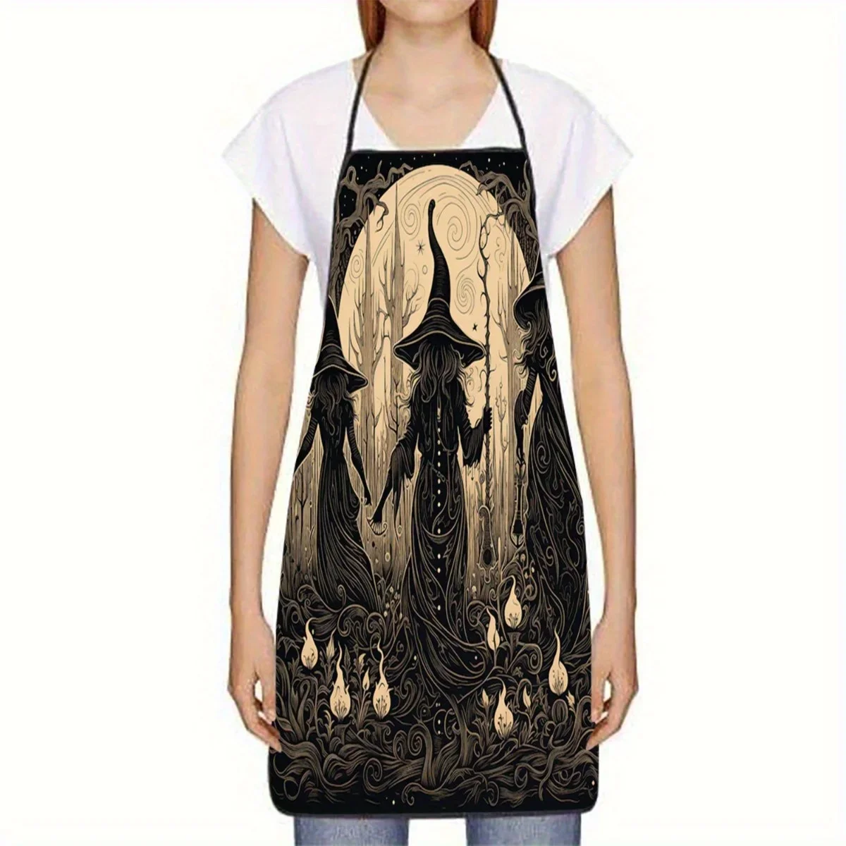 1pc Gothic Witch Apron - Dark Fantasy Kitchen Apron with Three Witches in Mystical Forest, Witch Hats - Durable Polyester