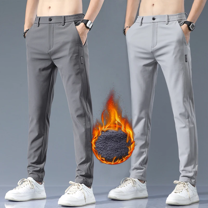 

Флисовые зимние повседневные брюки для мужчин, толстые деловые эластичные тонкие бархатные теплые брюки для бега на открытом воздухе, корейские классические плюшевые брюки мужские