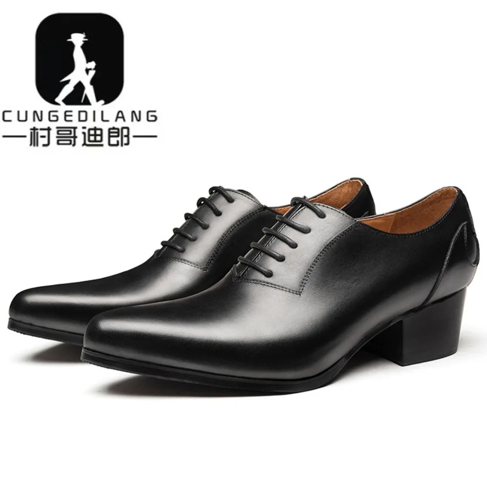 New Dress Leather Shoes Men High Heel 6cm Pointed Toe Brogue Wedding Shoes Height Increase Formal Career Work Jazz Dance Shoes