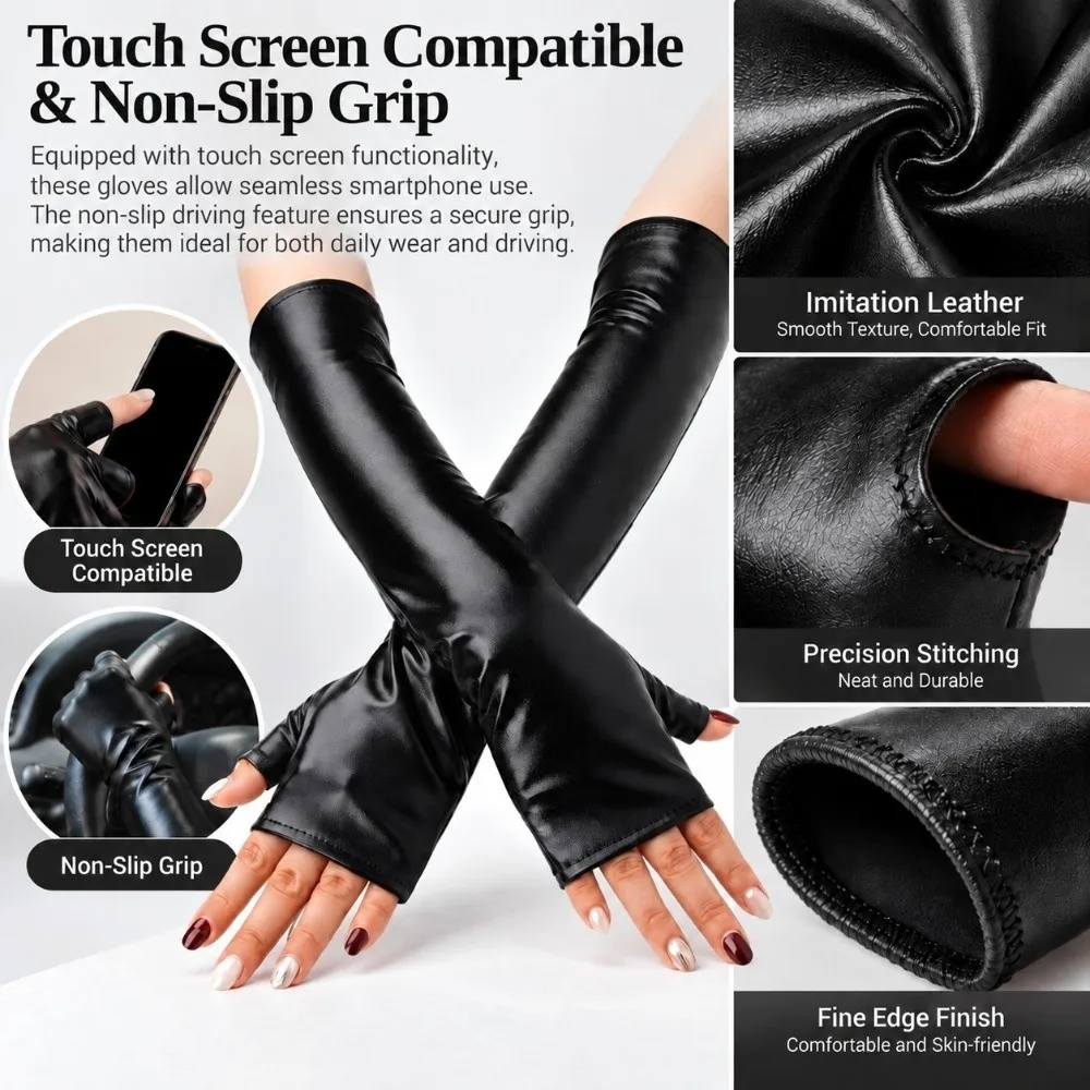 1 Pair Glossy Finish Fingerless Gloves Thin Imitation Leather Performance Gloves Punk Style Girl's Sleeve Set Half Finger Gloves