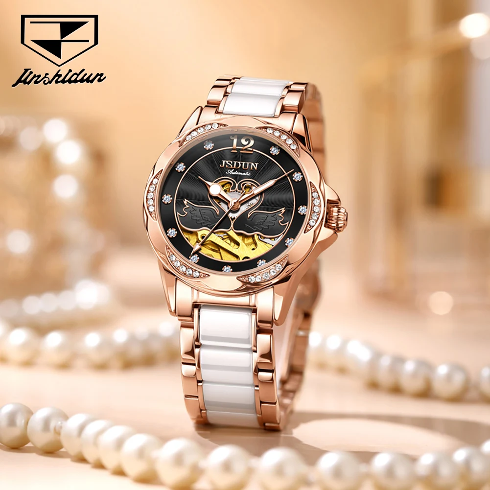 JSDUN 8831 Women's Watch Waterproof Automatic Mechanical Watch For Women Ceramic Steel Strap Night Light Function Watch Women