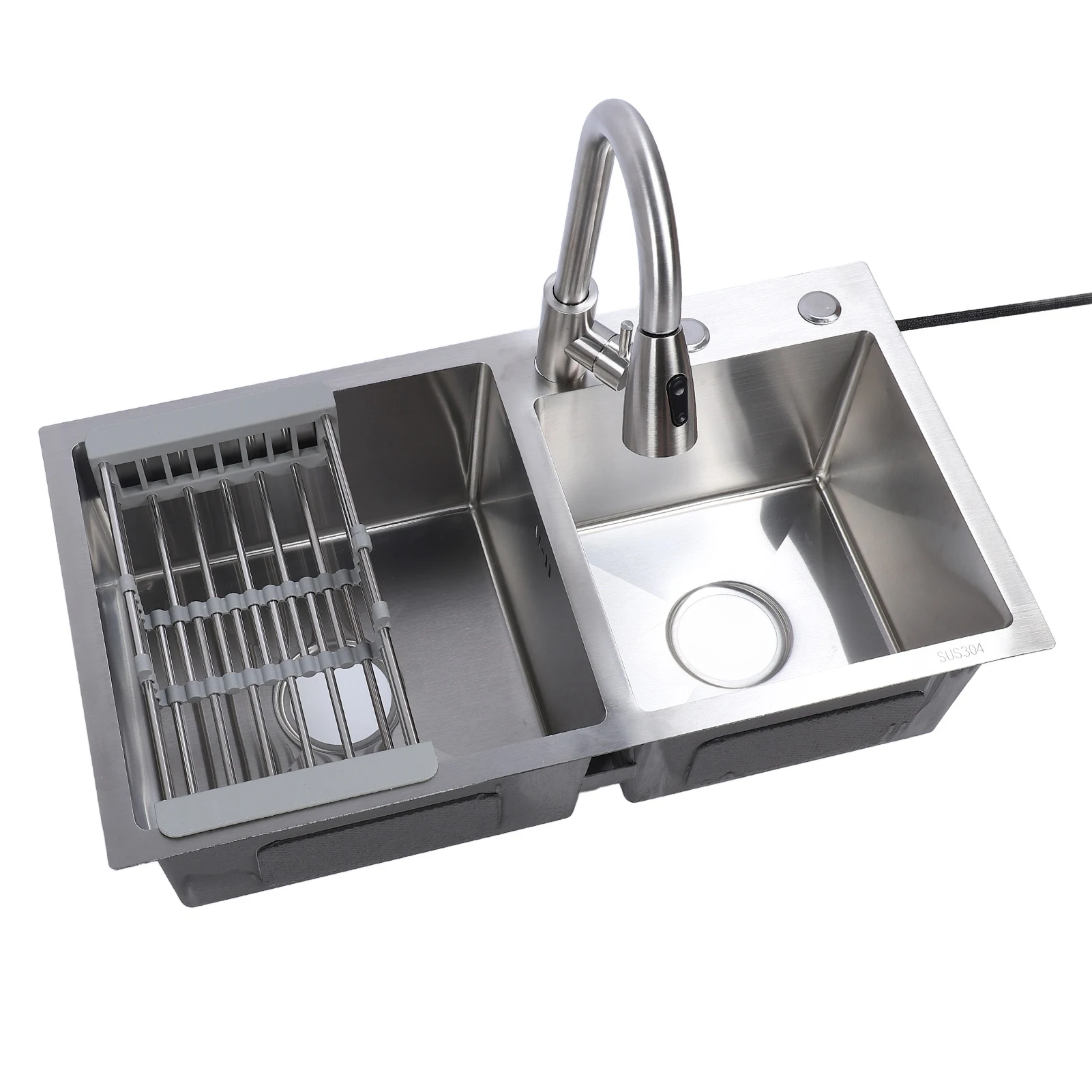 Drop in Kitchen Sink Kit 304 Stainless Steel Pull Out Faucet 3 Hole Double Bowl Sink with Drain Basket Soap Dispenser