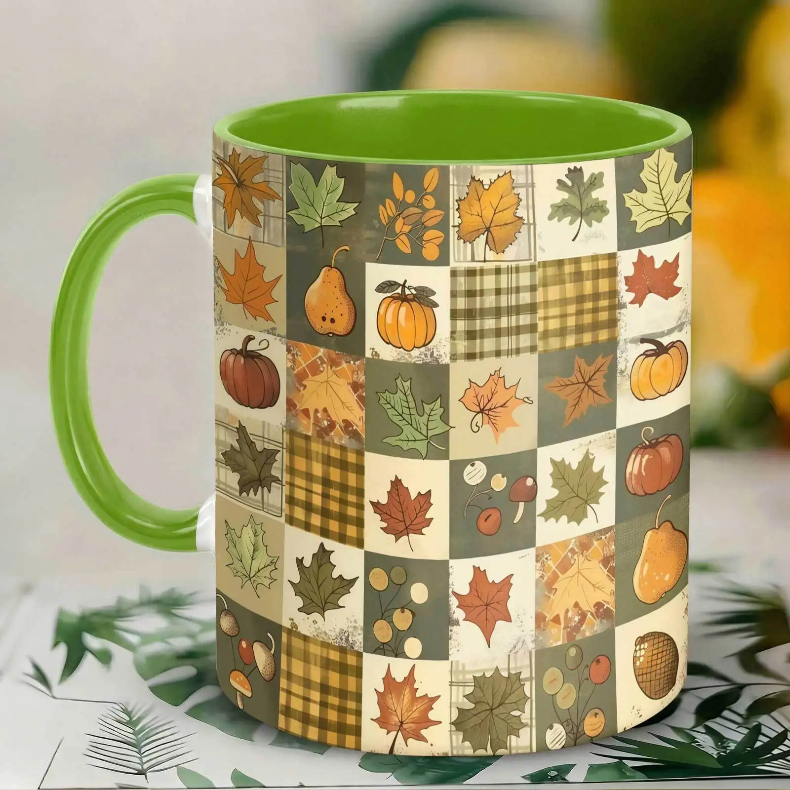 1pc Fall Harvest Pumpkin Leaf Ceramic Mug with Rustic Plaid Patchwork Design - 11oz Cup Suitable for Home, Office, Kitchen, Thanksgiving Gifts for Men, Women, Friends, for Hot/ Beverages, Local Warehouse Fast Delivery