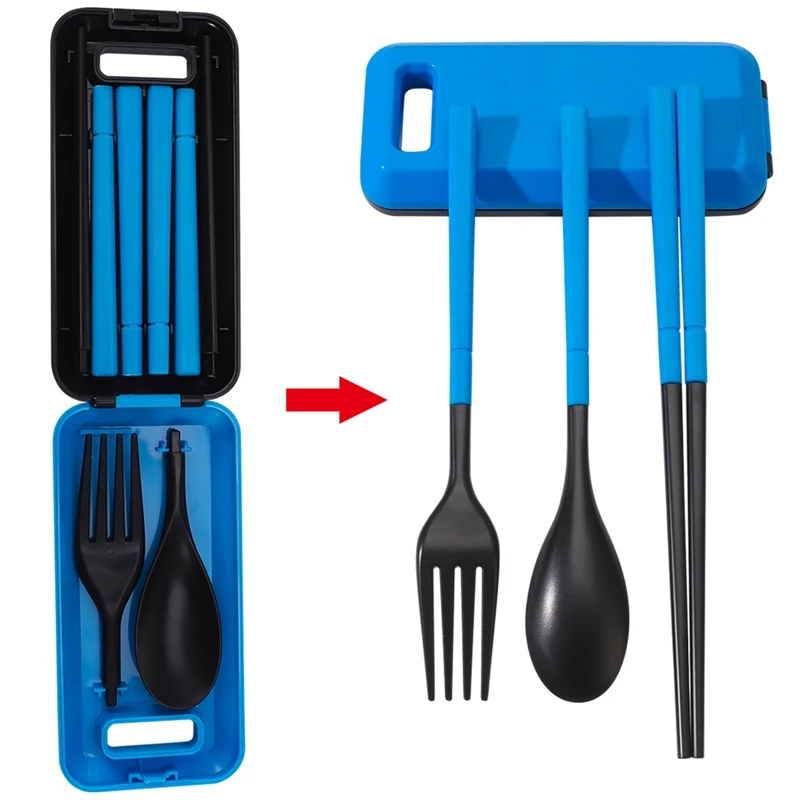 Talheres de plástico portátil com estojo, utensílios de viagem, talheres reutilizáveis, colher, garfo, pauzinhos, utensílios de mesa, acampamento, 3pcs