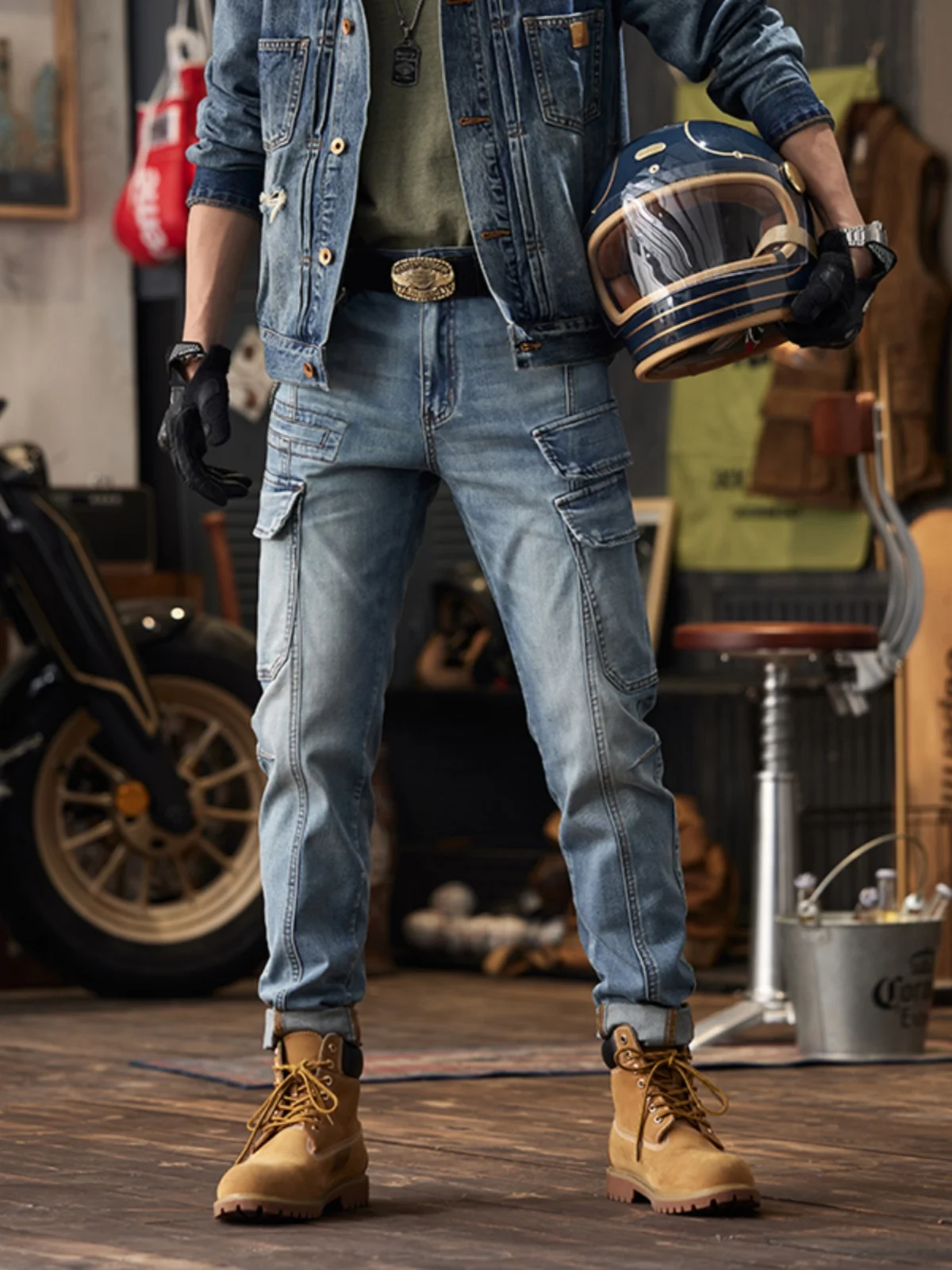 

Retro Patchwork Men's Slim Fit Jeans American Style High Fashion Workwear Multi-Pocket Motorcycle Bootcut Long Trousers