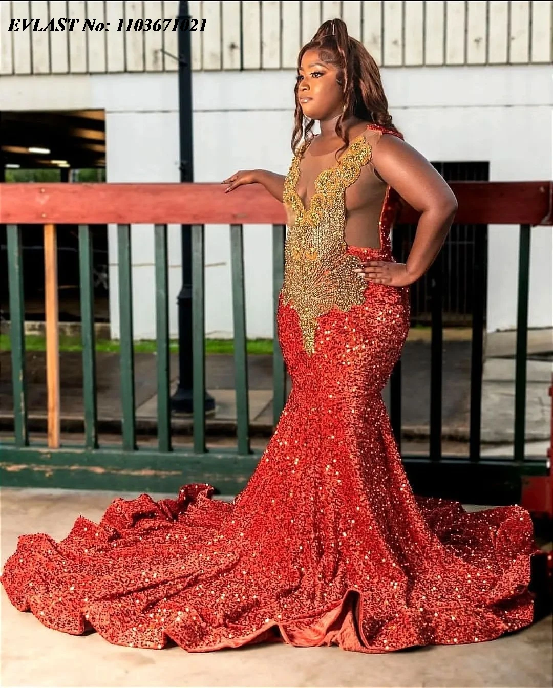 EVLAST Customized Red Sequins Mermaid Prom Dress Gold Crystals Diamond Beaded Black Girl Party Gala Gowns Robes De Soiree P42