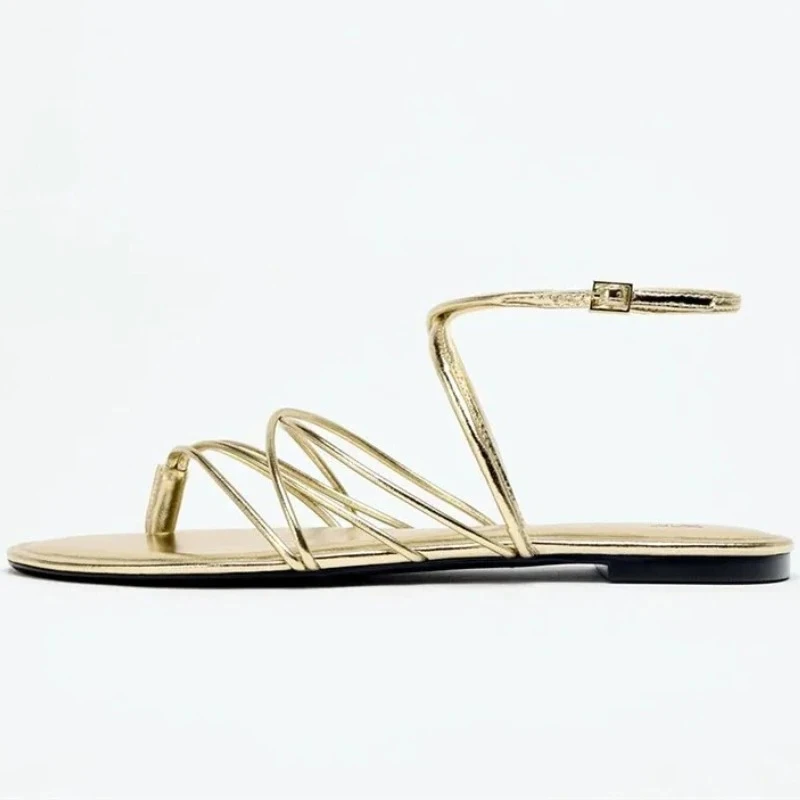 Summer Fashion Women Sandals Gold Narrow Strap Non-slip Ankle Strap Brand Female Flip Flops Casual Flats Beach Shoes Ladies - view 4