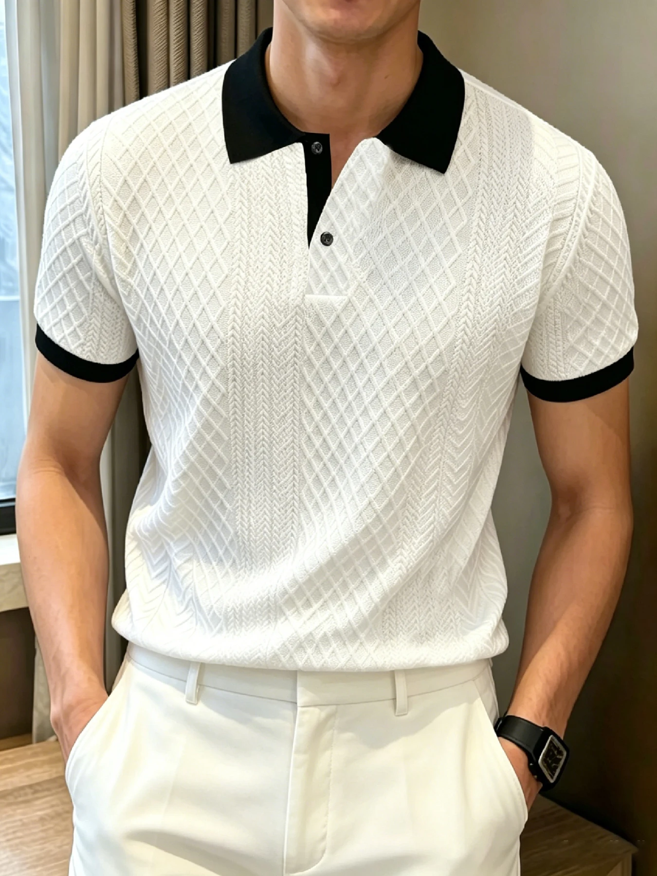 Polo à manches courtes pour homme, col contrastant, jacquard diamant, col côtelé, patte de boutonnage à 2 boutons, idéal pour le bureau et les trajets quotidiens