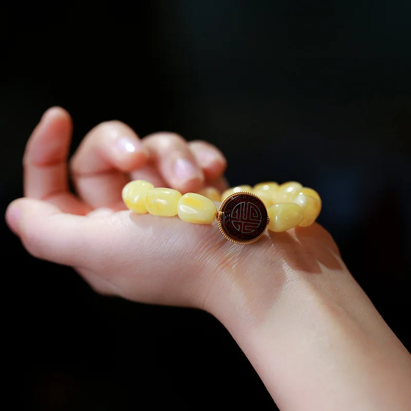 Natural Amber Free-Form Sandalwood Beaded Bracelet for Women Luxury Buddhist Prayer Bead Jewelry Gifts