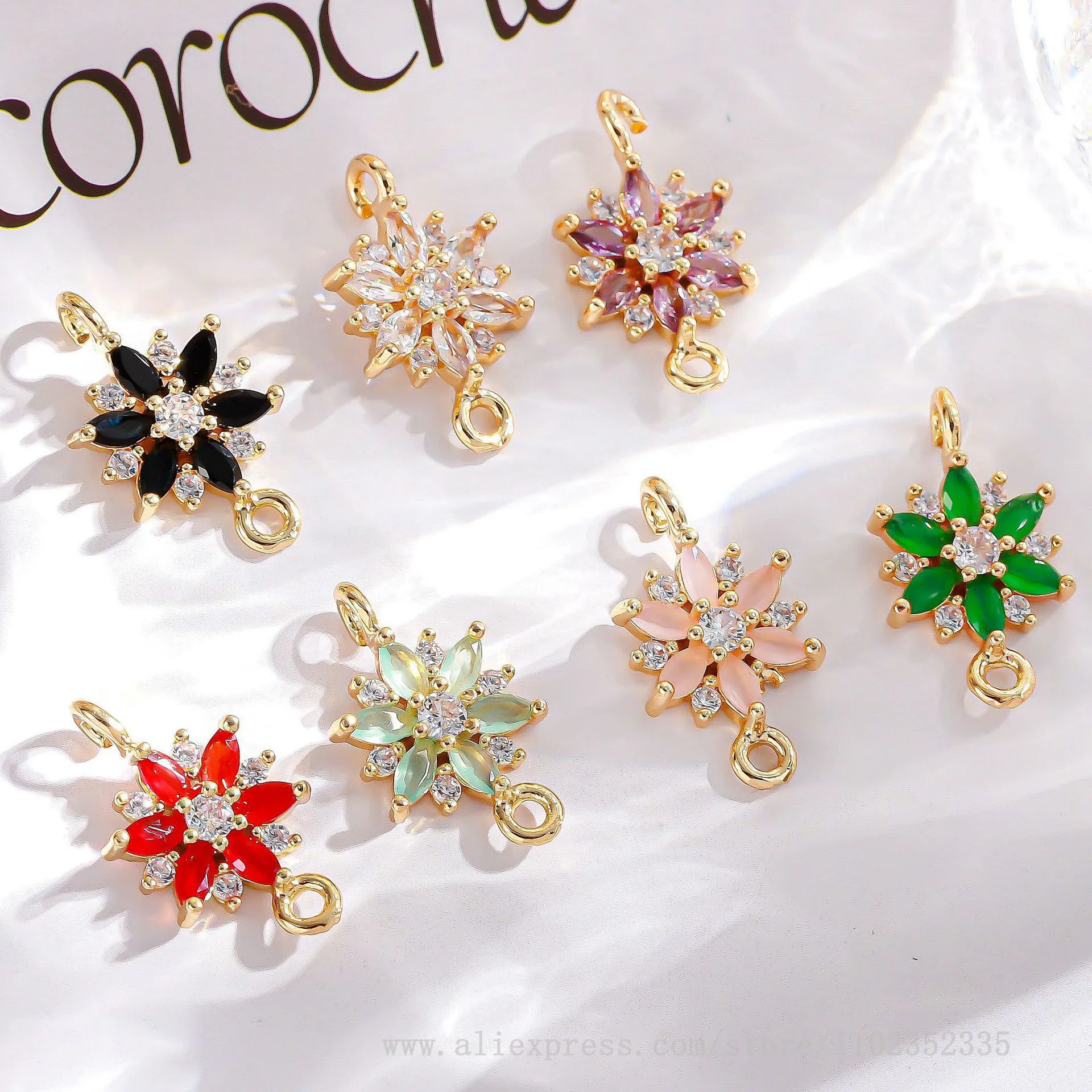 10pcs/ Bag   Copper gold-plated zircon inlaid six petal flower double pendant six pointed star double hole connector