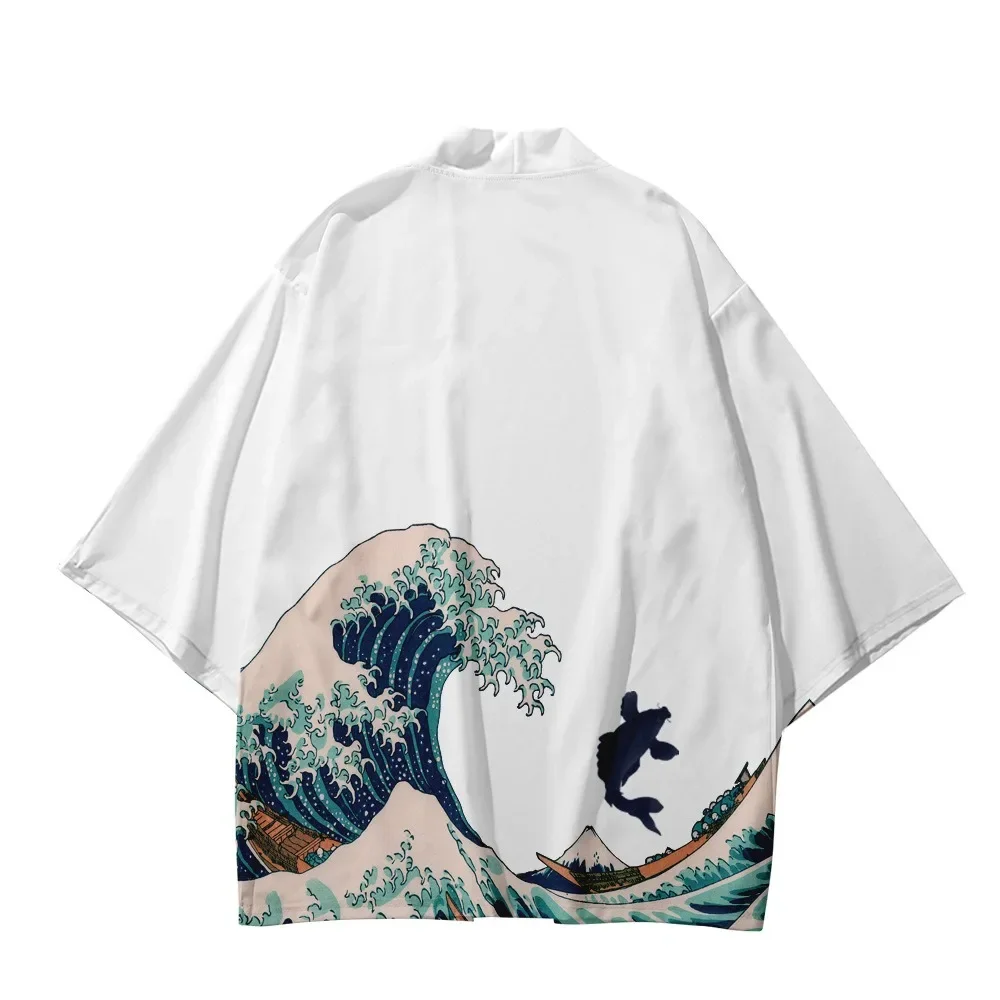 

Summer Japanese Kimono for Men/Women Wave Carp Print Traditional Bathrobes Chic Short Sleeves Beach Shirt Yukata Kimono Mujer