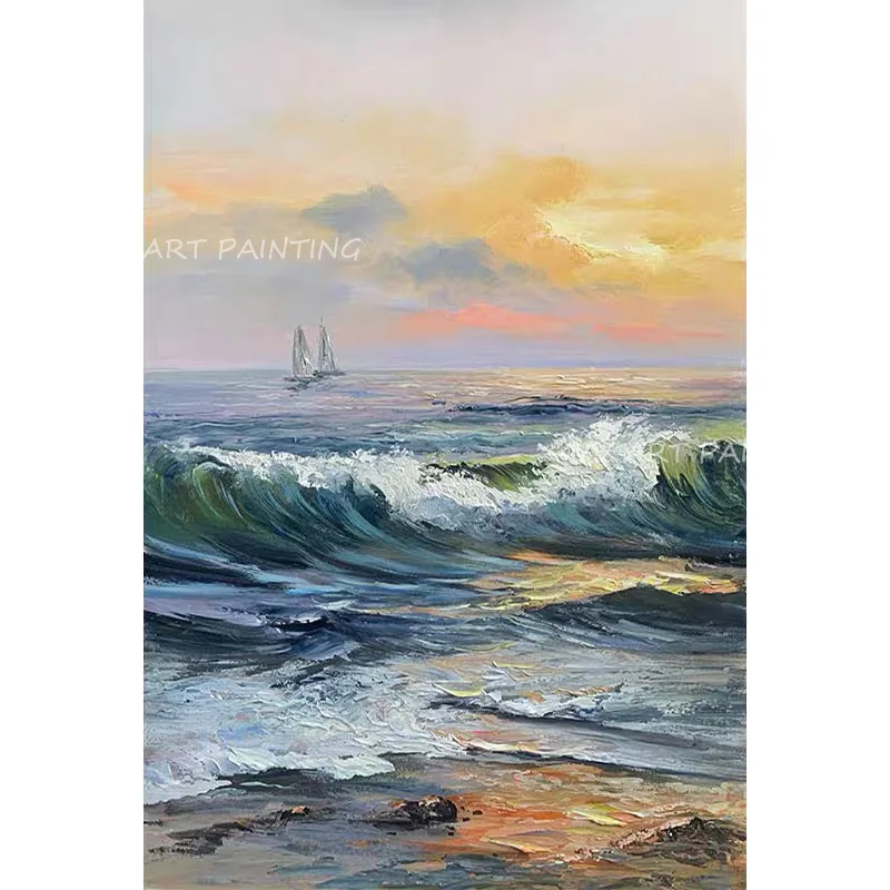 Ocean Sea Wave Blue Canvas 100% Handmade Sunset Oil Painting Living Room Decoration Nature Drawing