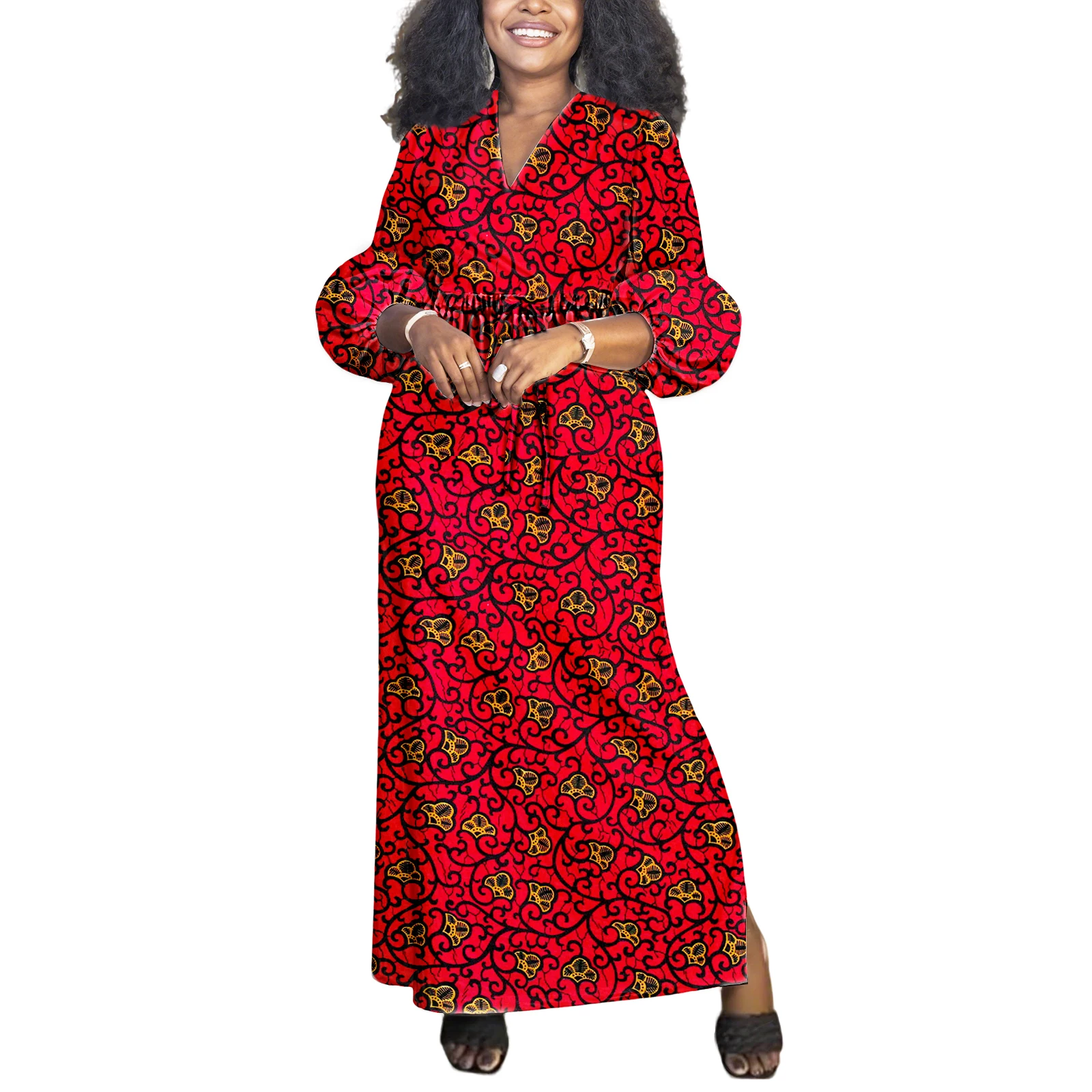 

Африканские платья для женщин, элегантное платье Dashiki с v-образным вырезом, повседневная одежда с принтом Анкары, платье макси