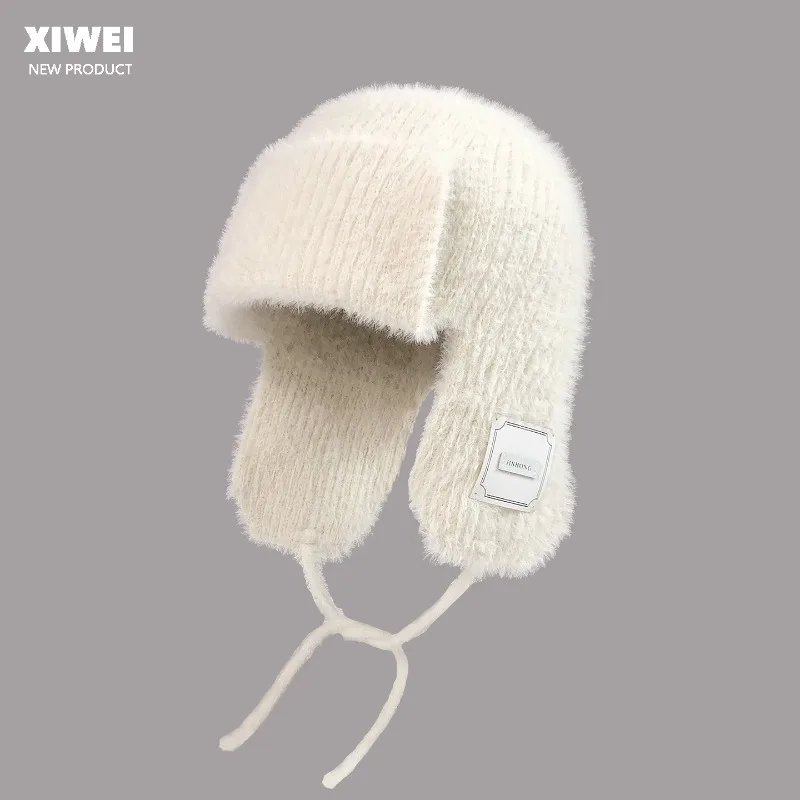 Fuzzy Knitted Winter Trapper Hats for Women Soft Plush Earflap Hat with Label Windproof Warm Tie‑string Beanies for Snow Outdoor