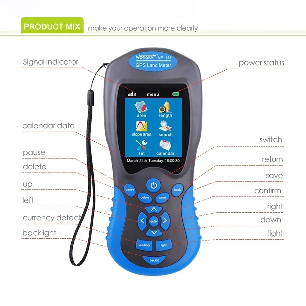 Nayafa NF-188 gps medidor de terra de medição dispositivo tela colorida equipamento de pesquisa receptor medição de área ferramentas de rede de medida de terra