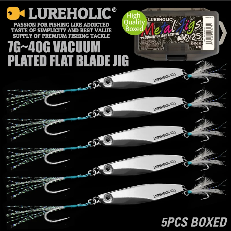 LUREHOLIC-plantilla de hoja plana chapada al vacío, 7g ~ 40g, 5 uds. Por caja, plantilla de Metal de fundición larga combinada con anzuelo MUSTAD, cebos de pesca
