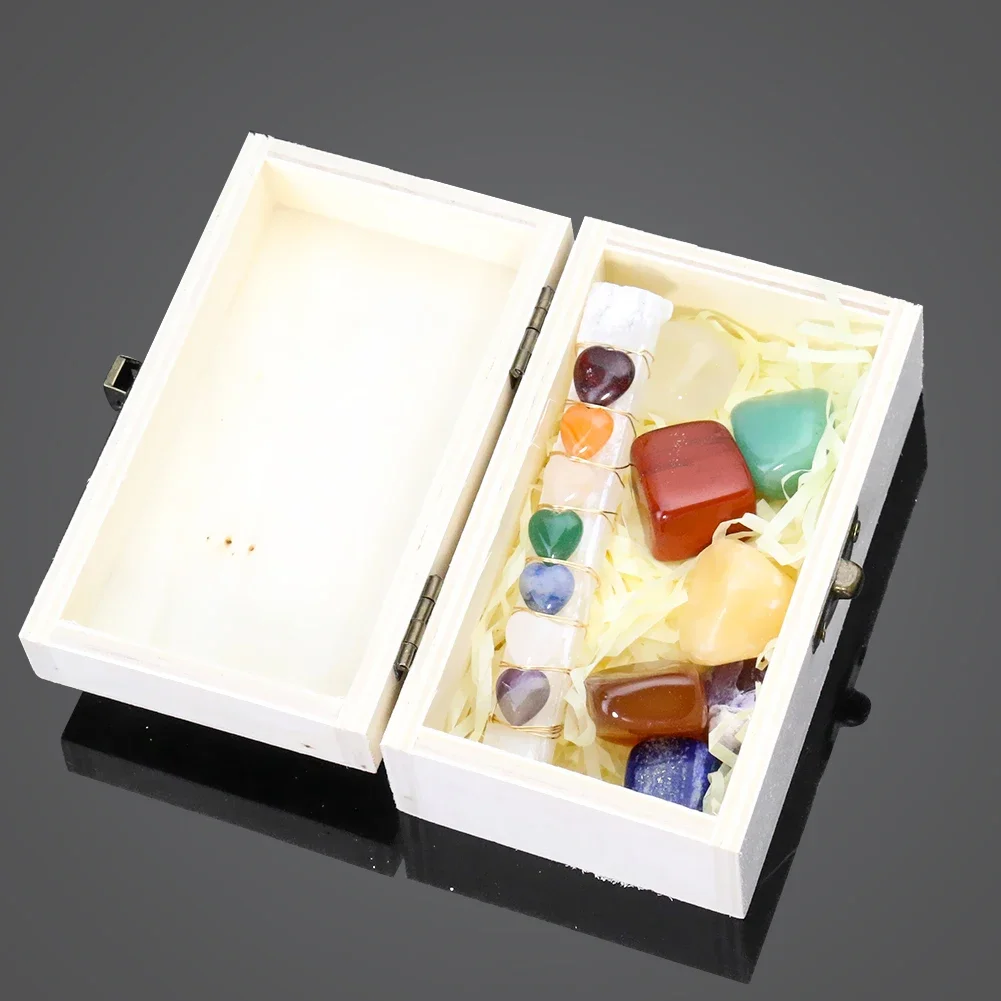 1 Set Wood Boxed Natural Stone Crystal Gem Seven Chakra Set Healing Meditation Home Collection Craft Stone Decoration Maison