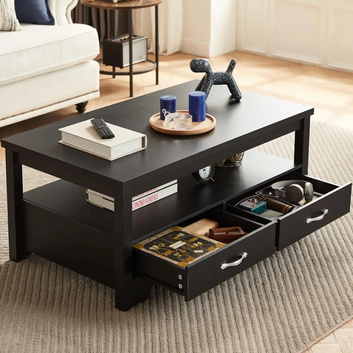 

Rustic Rectangle Wooden Coffee Table with Drawers Storage Living Room Apartment Office Black, Customized