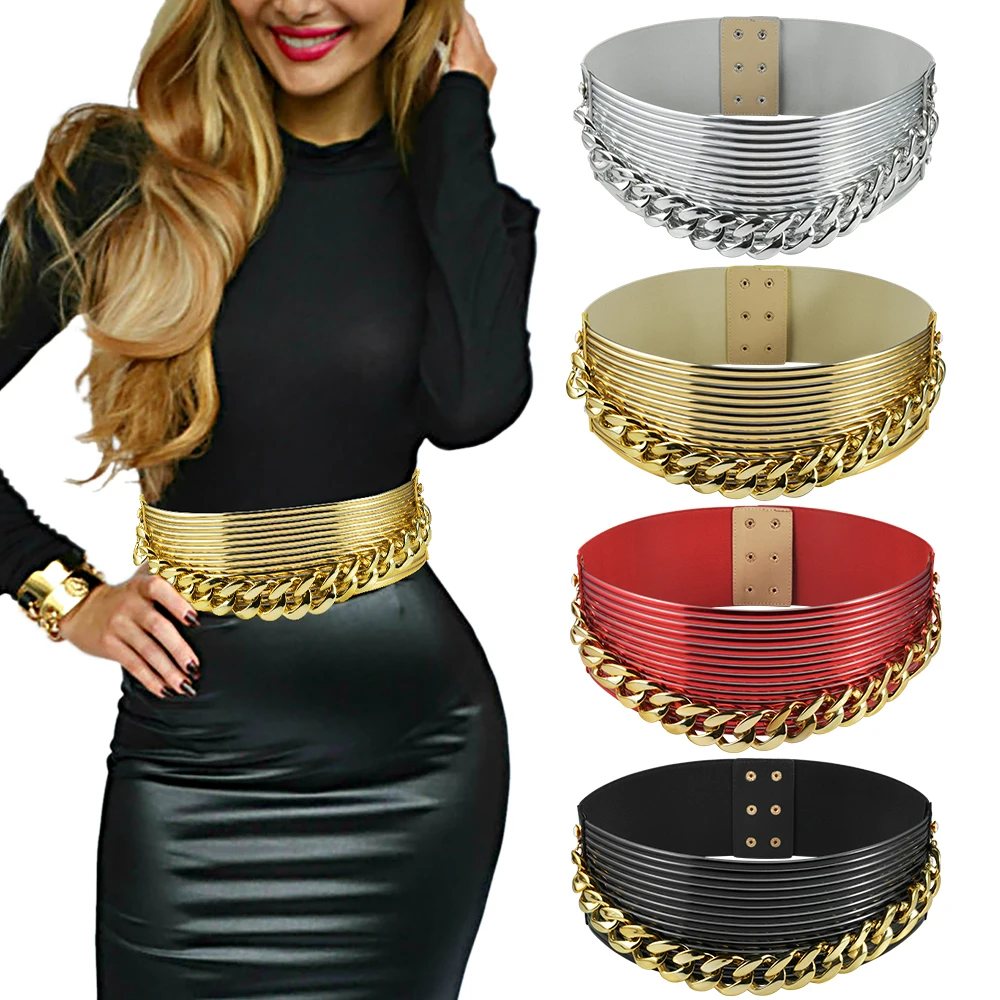 1PC Vintage Statement Belt PU Gold&Silver&Red&Black Color Leather wIth Chain Long Skirt Belt Women's Bijoux African Jewelry