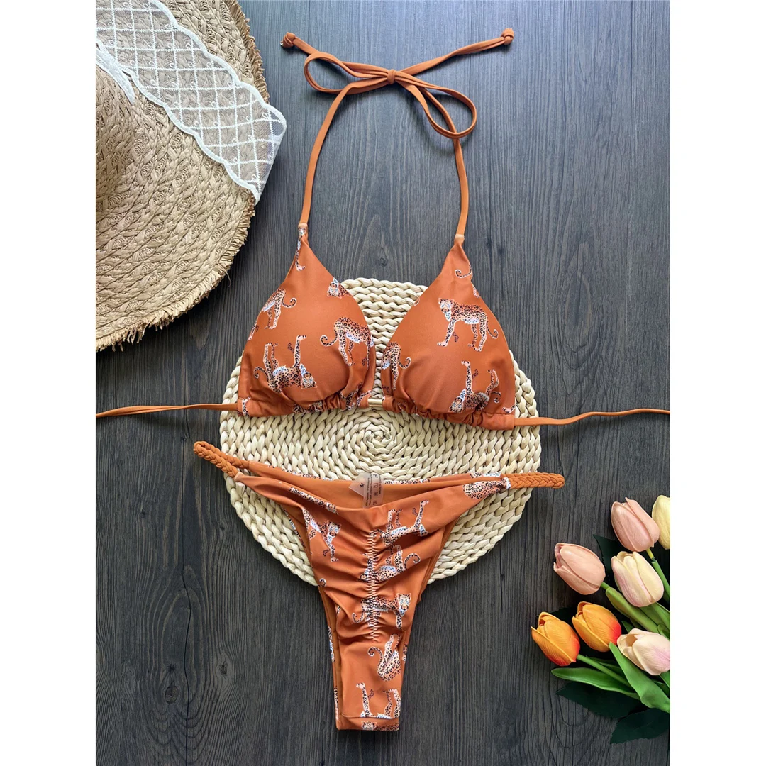 Leopard-Print-Bikini mit Neckholder und Scrunch-Design, Damen-Badeanzug, zweiteiliges Bikini-Set, Badebekleidung, Badeanzug, Modell V6065. – Detail 13