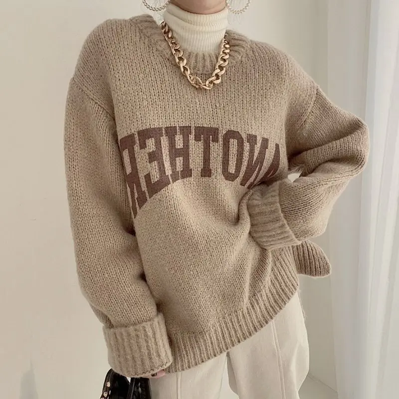 Fashion O-Neck Loose Korean Printed Letter Knitted Sweater Female Clothing 2023 Winter New Casual Pullovers All-match Tops