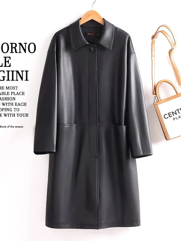   Ning – manteau en cuir véritable pour femme, mi-long, grande taille, ample, haut de gamme, sensation eepskin, nouvelle collection printemps automne 2025