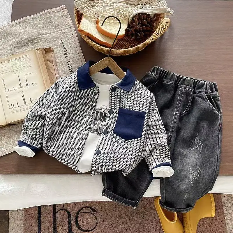 Korean New Spring Autumn Long Sleeve Vertical Striped Color Blocked Lapel Patch Pocket Jacket+White Top+Jeans 3PCS Sport Set