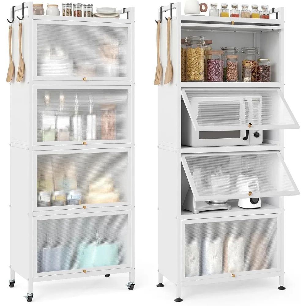 5-Tier Kitchen Storage Cabinet, 4 PC Doors, Rolling Wheels, White