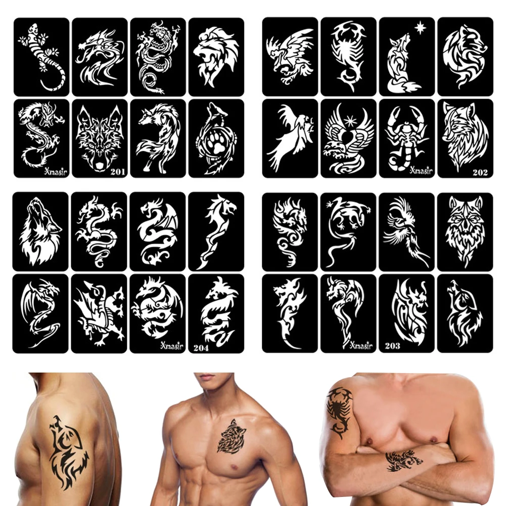 1Sheet Tattoo Stencil For Man Templates Body Art Showing Airbrush Paint Templates Decal Men\'s Arm Wolf Dragon Tattoo Template