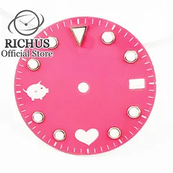 RICHUS NH35 28.5mm Green Luminous watch Dial Pink Watch face Fit NH35 Movement