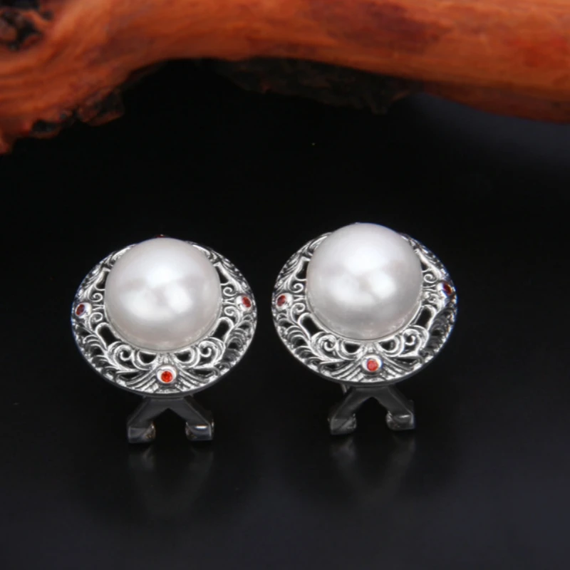 

S925 Sterling Silver Clips Earrings for Women New Fashion Hollow Auspicious Clouds Pattern Freshwater Pearl Ear-clips Jewelry