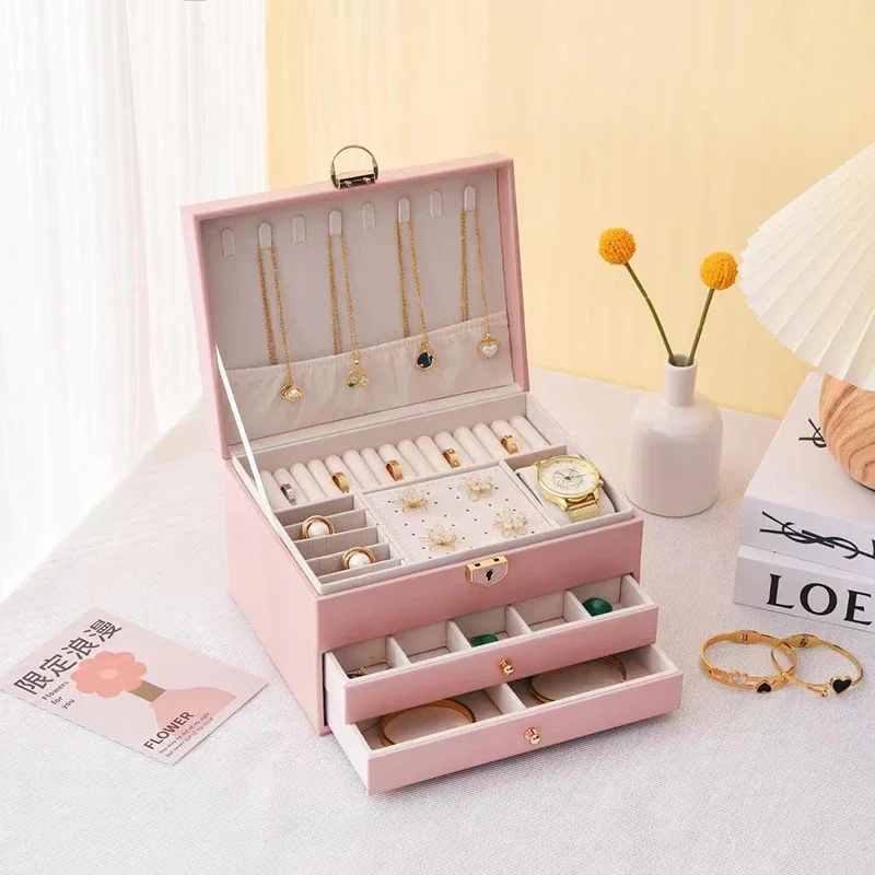 Three Layer Leather Jewelry Box With Lock Multifunctional Earring Ring Necklace Storage Case For Women