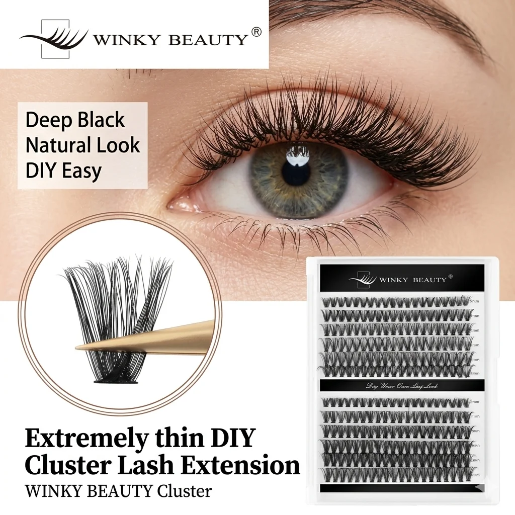 Winky Beauty 240pcs DIY Cluster Lash Extension Kit, Lighter Natural D Curl Individual Mink Eyelashes Makeup Supplies at Home