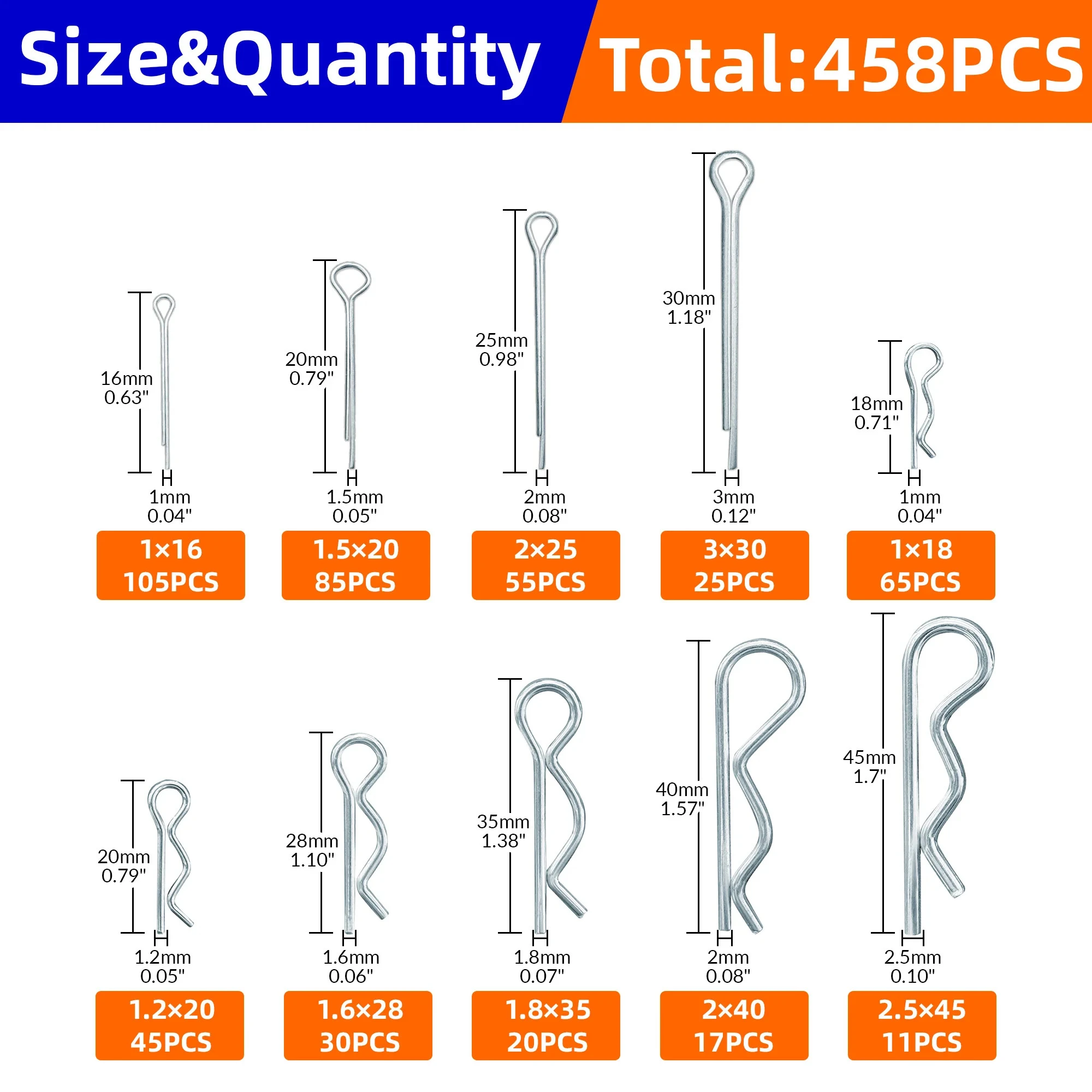 458pcs Cotter Pins Assortment Kit, Zinc Plated Steel Cotter Pin Hair Pin Hitch Pin Cotter Fastener Fitting Assortment Kit, Multi
