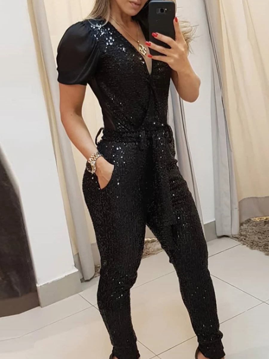 

Black Short Sleeve Deep V Neck Glitter Sequin Jumpsuit