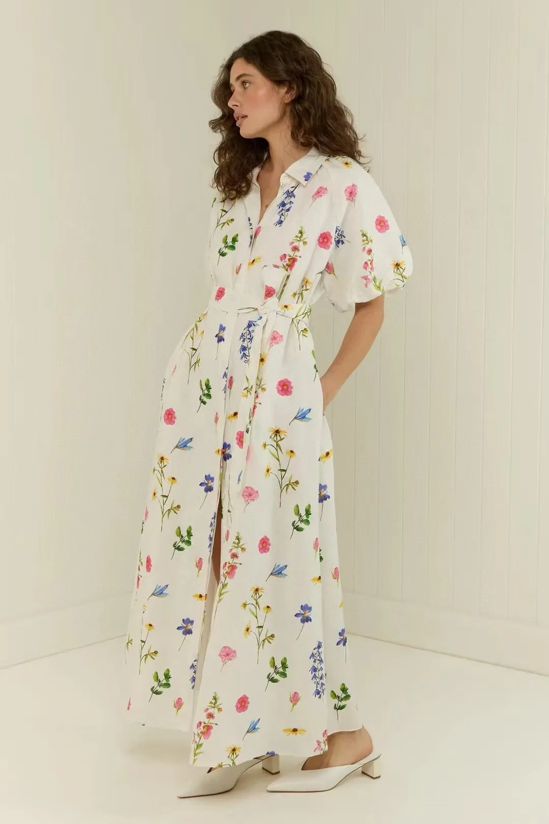 

EVACANDIS 100% Linen Women New Floral Printing Puff Sleeve Midi Dress Turn-down Collar Single Breasted Elegant Vintage Sweet