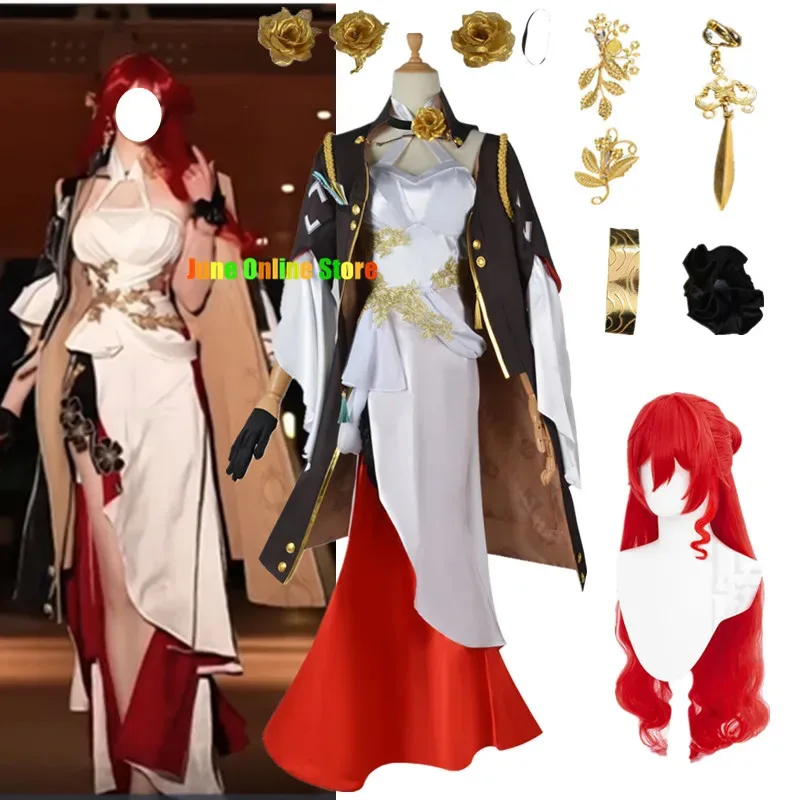 AIAI 2025Honkai Star Rail Game Honkai Himeko Cosplay Costume Sexy Evening Dress For Woman Red Buckle Cospaly Wig