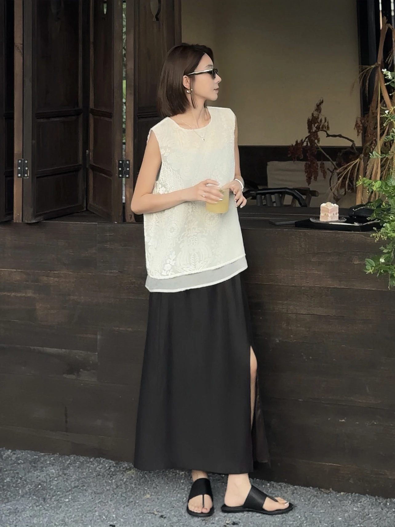 

Ele Bla Asymmetrical Knee-Length Skirt Breathable Cool Vintage Sle f-length Women's Faion Casual Silk Blend