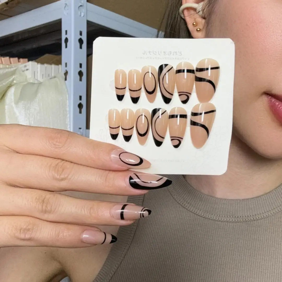 24pcs/box Medium-long False Nail Set Almond Press on Nails Fake Full Cover Removable Acrylic Wearable Fake Nails Art Contours