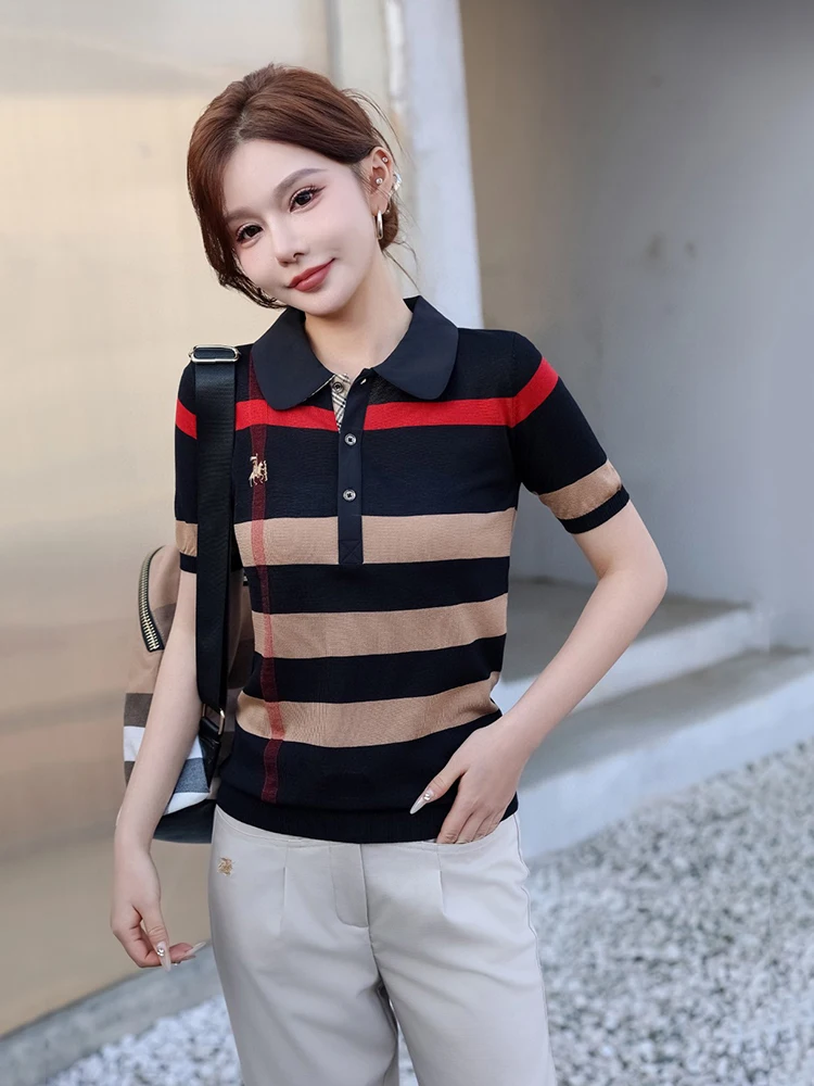 

Briti Sle Striped Ne ort Sve Thin Knitted T-irt Summer New Arrival Women's Slim Fit Versatile Faion Top