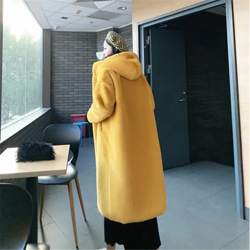 Winter Women Faux Rabbit Fur Coat Luxury Long Fur Coat Hooded OverCoat Warm Plus Size Female Plush Woman Coats Fluffy Jacket