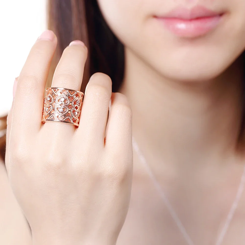 حار فاخر مصمم 925 فضة خاتم كريستال القلب 18 كيلو ارتفع الذهب خواتم واسعة للنساء موضة حفل زفاف هدية مجوهرات