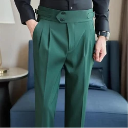 British Style Autumn New Solid High Waist Trousers Men Formal Pants High Quality Slim Fit Business Casual Suit Pants Hommes